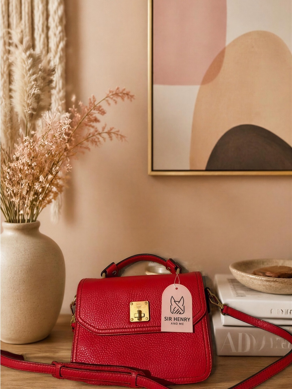 MCM Red Leather Top-Handle Crossbody Bag